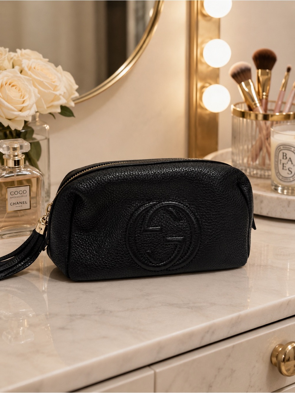Authentic Gucci Soho Leather Cosmetic Pouch Black w/ Certificate